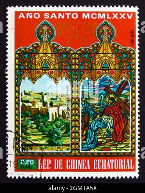 EQUATORIAL GUINEA - CIRCA 1975: a stamp printed in Equatorial Guinea shows Cross Monastery, Easter 1975, Buildings in Jerusalem, circa 1975 Stock Photo