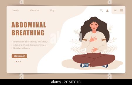 Diaphragmatic breathing. Landing page template. Girl practicing abdominal breathing for good relaxation. Meditation for body, mind and emotions Stock Vector