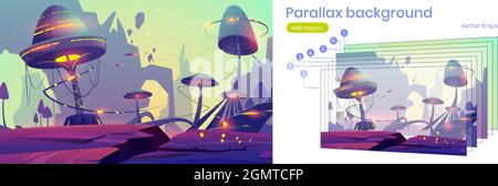 Parallax background alien planet 2d landscape with fantasy mushrooms trees or buildings and rocks. Extraterrestrial nature layered scene for computer game. Cartoon vector scenery view, ui animation Stock Vector