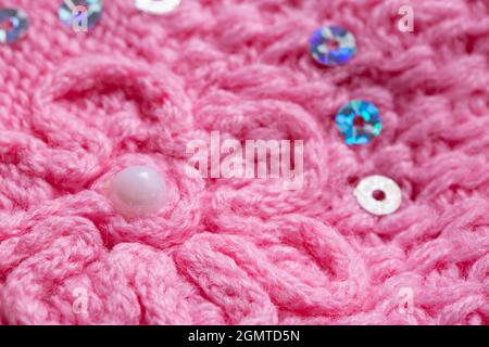 Handmade Knitted Pink Warm Sweater, macro Stock Photo
