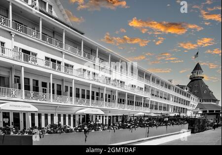 The Hotel Del Coronado with the illustrious past retains iconic Queen Anne-style architecture with red turrets since 1888 in Coronado, San Diego, CA, Stock Photo