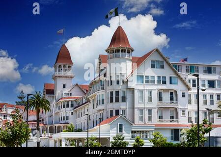Architectural details of the historic Hotel del Coronado, a stunning 1888 Victorian Queen Anne Style building noted for famous guests, Coronado, CA Stock Photo