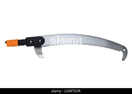 Closeup of a tool head of a pruning saw with Hardened steel saw for cutting the branches of trees in distant places isolated on white. Clipping path. Stock Photo