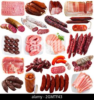 Collage of various meat products isolated on white Stock Photo