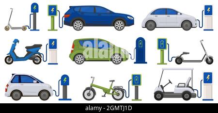 Electric eco friendly transport powered with charging station. Renewable energy car, scooter, bicycle at charge station vector illustration set Stock Vector