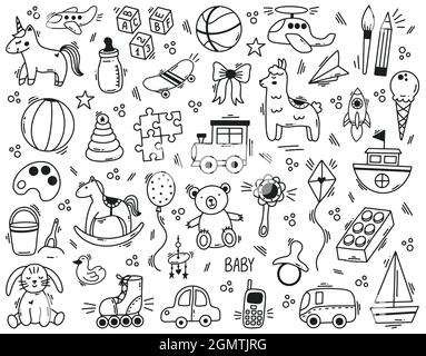 Doodle cute kids toys hand drawn elements. Kindergarten funny children toys, ball, doll, bear and toy car vector illustration set. Cute baby shower Stock Vector