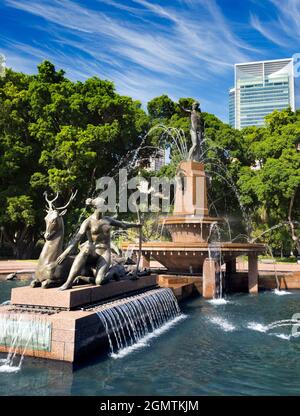 Sydney, Australia - 16 February 2109;  This famous Sydney landmark is the Archibald Fountain in downtown Hyde Park. Unveiled in 1932, its rather auste Stock Photo