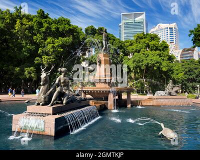 Sydney, Australia - 16 February 2109;  This famous Sydney landmark is the Archibald Fountain in downtown Hyde Park. Unveiled in 1932, its rather auste Stock Photo