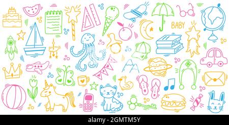 Kids doodle hand drawn cute play elements. Kindergarten children play doodle toys, books, animals vector illustration set. Funny kids symbols Stock Vector