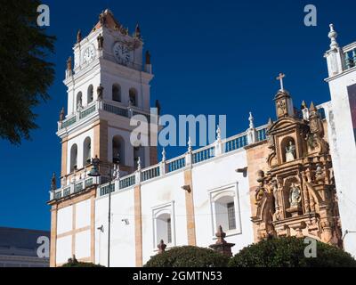 Sucre, Bolivia - 18 May 2018   Facing the main square of Sucre, its grand metropolitan cathedral was built between 1559 and 1712. Its bell tower is sh Stock Photo