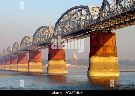 The Ava Bridge is a 16-span cantilever bridge between Ava and Sagaing, Mandalay Division, Burma. It was built by the British in 1934., but  then destr Stock Photo