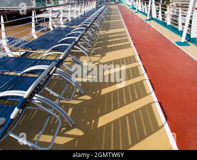 11 May 2018; Empty recliners on a cruise liner off Palma de Mallorca in the Baleraric Islands. Mallorca is the largest island in the Islands, which ar Stock Photo