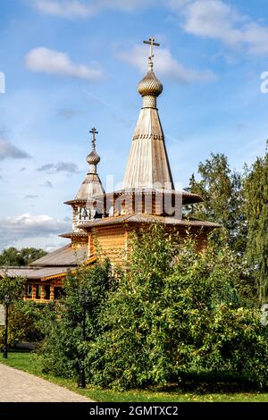 MOSCOW REGION, RUSSIA - View to the wooden temple of the ascension near the village of Buzaevo, on Rublevo-Uspenskoye Highway in the Odintsovo distric Stock Photo