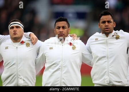 File photo dated 12-11-2016 of (left-right) England's Jamie George, Mako Vunipola and Billy Vunipola during the Autumn International match at Twickenham Stadium, London. Issue date: Tuesday September 21, 2021. Stock Photo