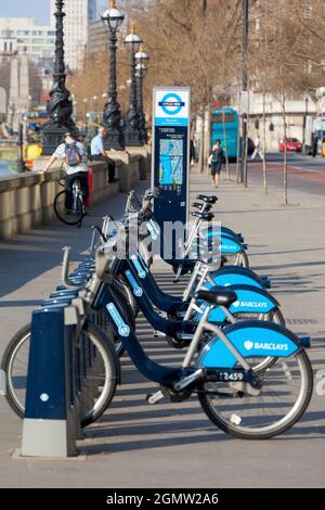 London, England - 2012; It is ten years since the first hire bikes of London's green cycle scheme appeared on the streets of London. Whilst the cycles Stock Photo