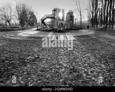 Abingdon, England -  14 December 2018  A playground without children can be a rather eerie place. Here we see one in Abbey Fields, Abingdon, early on Stock Photo