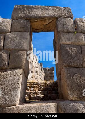 Sacsayhuaman, Peru - 15 May 2018 The ancient Inca ruins at Sacsayhuaman are located at an altitude of 3,700m overlooking the city of Cusco, the ancien Stock Photo