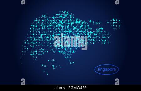Abstract geometry triangular Halftone in dark background with map of singapore. Digital low poly technology line, design sphere, dot and structure. Ve Stock Vector
