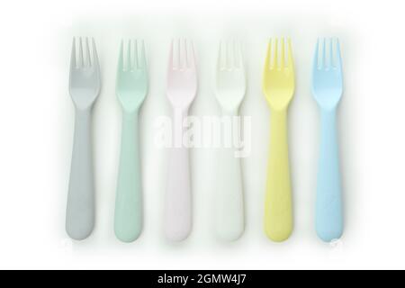 Colorful plastic forks isolated on white background Stock Photo