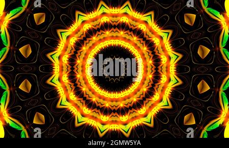 Vivid green and Yellow Mandala Flower with shiny rays Stock Photo