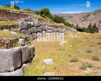 Sacsayhuaman, Peru - 15 May 2018 The ancient Inca ruins at Sacsayhuaman are located at an altitude of 3,700m overlooking the city of Cusco, the ancien Stock Photo