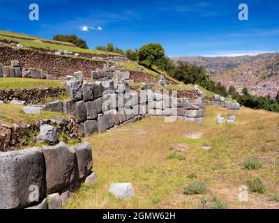 Sacsayhuaman, Peru - 15 May 2018 The ancient Inca ruins at Sacsayhuaman are located at an altitude of 3,700m overlooking the city of Cusco, the ancien Stock Photo