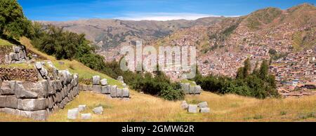 Sacsayhuaman, Peru - 15 May 2018 The ancient Inca ruins at Sacsayhuaman are located at an altitude of 3,700m overlooking the city of Cusco, the ancien Stock Photo