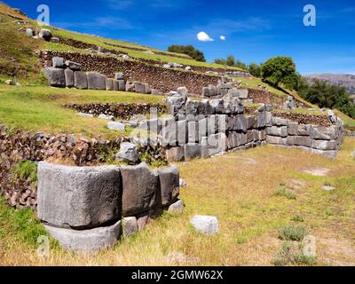 Sacsayhuaman, Peru - 15 May 2018 The ancient Inca ruins at Sacsayhuaman are located at an altitude of 3,700m overlooking the city of Cusco, the ancien Stock Photo