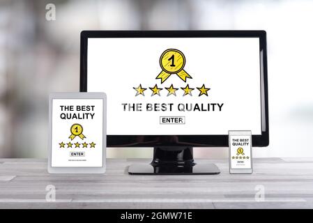Best quality concept shown on different information technology devices Stock Photo