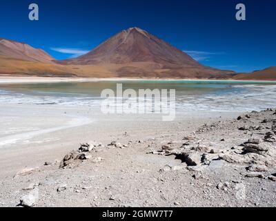 Laguna Verde, Bolivia  - 21 May 2018  Laguna Verde (green lake) is aptly named, due to its arresting jade green color. This beautiful salt lake - at 4 Stock Photo