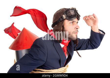 Businessman with homemade rocket and googles ready for a challenge Stock Photo