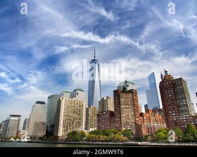New York, USA - 3 November 2013. Spectacular view of the midtown and Lower Manhattan skyline against a beautiful early winter sky, viewed from a touri Stock Photo
