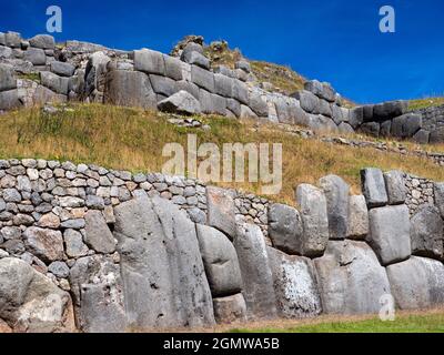 Sacsayhuaman, Peru - 15 May 2018 The ancient Inca ruins at Sacsayhuaman are located at an altitude of 3,700m overlooking the city of Cusco, the ancien Stock Photo