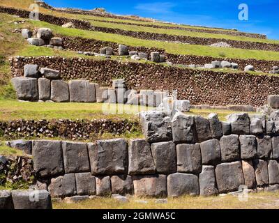 Sacsayhuaman, Peru - 15 May 2018 The ancient Inca ruins at Sacsayhuaman are located at an altitude of 3,700m overlooking the city of Cusco, the ancien Stock Photo