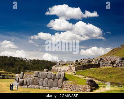 Sacsayhuaman, Peru - 15 May 2018 The ancient Inca ruins at Sacsayhuaman are located at an altitude of 3,700m overlooking the city of Cusco, the ancien Stock Photo