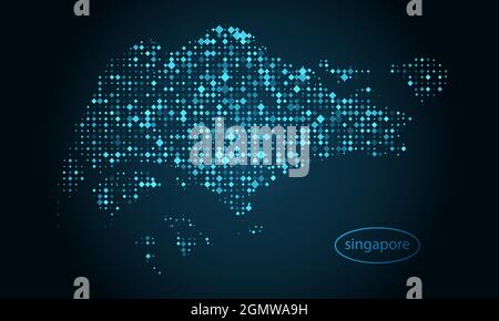 Abstract pixel art halftone in dark background with map of singapore. Digital pixel art technology line, design sphere, dot and structure. Vector illu Stock Vector