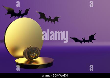 Happy Halloween background, 3d rendering illustration. Happy pumpkin on the minimal gold stage,  flying bats in night. Art Halloween scene, podium for Stock Photo