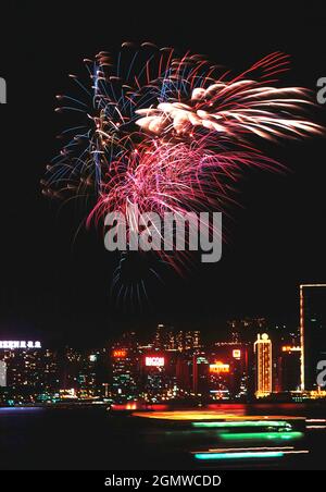 Hong Kong, 2005; Politics alert! Personal opinion alert! New Year fireworks are an important part of Chinese culture, performed to celebrate special o Stock Photo