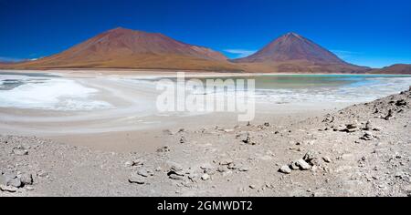 Laguna Verde, Bolivia  - 21 May 2018  Laguna Verde (green lake) is aptly named, due to its arresting jade green color. This beautiful salt lake - at 4 Stock Photo