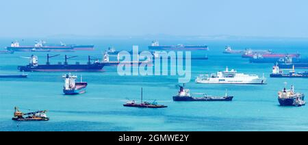 Singapore Bay, Singapore - 3 March 2019 Singapore lives or dies on its trade. Here we see its packed harbor, a hub of world tradeSingapore Bay, Singap Stock Photo