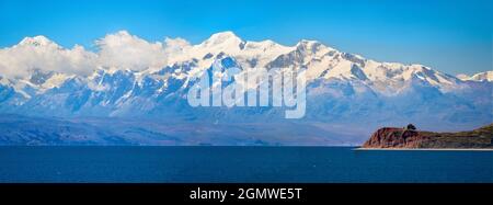 Lake Titicaca, Bolivia - 18 May 2018   A majestic view of the Bolivian Andes, seen from the Island of the Sun on Lake Titicaca. Actually, the mountain Stock Photo