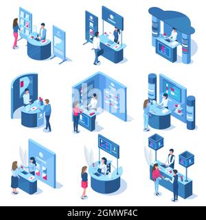 Isometric 3d exhibition demonstration promo stands workers and visitors. Promotional stands, trade panels vector illustration set. Expo center Stock Vector