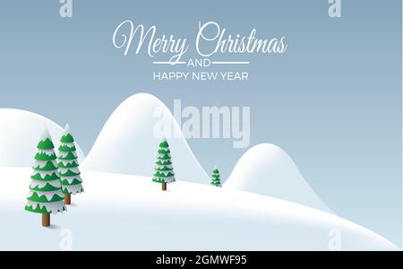 Winter landscape background, rounded mountains with fir trees under snowfall. Vector illustration for Christmas with copy space. Card and greeting Stock Vector