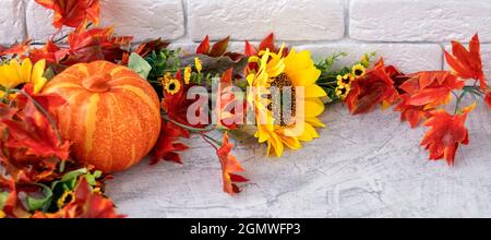 banner with beautiful autumn still life with sunflowers, red- yellow flowers, autumn leaves and orange pumpkin on white brick wall background. Autumn concept with pumpkin and flowers. Soft focus. Stock Photo