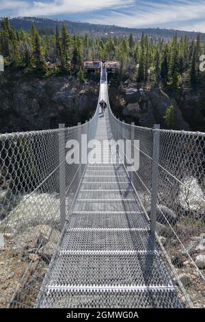 British Columbia, Canada - 24 May 20120; one person in view. This scary bridge over the Yukon River in Canada spans a steep valley leading to a drop t Stock Photo