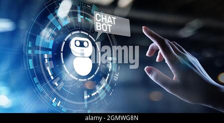 Chatbot computer program designed for conversation with human users over the Internet. Support and customer service automation technology concept. Stock Photo