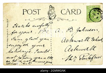 Reverse of original Edwardian era, early 1900's greetings postcard with attractive design and typeface. Published by Wildt and Kray, (W & K) London E.C indistinct postmark May 1 1907 (green half penny King Edward VII stamp) posted  East Riding of Yorkshire, U.K. Stock Photo