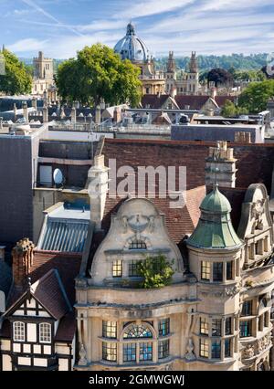 Oxford, England - 25 August 2017  This is a panoramic view of Oxford from Carfax Tower - the last remaining part of a 12th century church, The ornate