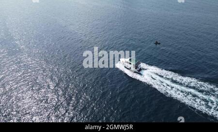 aerial view of motor yacht moving in Caribbean waters Stock Photo - Alamy