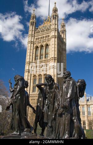 The Burghers of Calais is a famous bronze statue by the French sculptor, Auguste Rodin,which is located adjacent to the Houses of Parliament in London Stock Photo